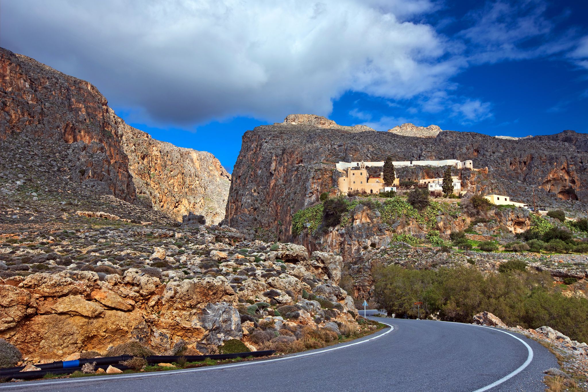 photo of view of Kapsa (St. John) monastery and the "exit" of Pervolakia gorge, next to the Makrygialos - Goudouras road, Sitia municipality, Lasithi, Crete, Greece