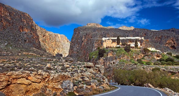 photo of view of Kapsa (St. John) monastery and the "exit" of Pervolakia gorge, next to the Makrygialos - Goudouras road, Sitia municipality, Lasithi, Crete, Greece