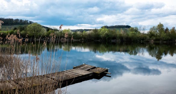 Panoramic view of the lake in the nature reserve Haff Reimech and ornithology center Biodiversum in Remerschen near Schengen, Luxembourg. Nature and bird protection concept.