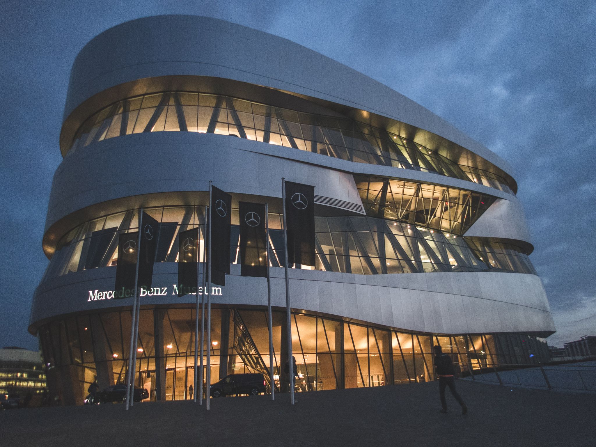 Photo of Spectacular modern architecture and home of Museum Mercedes-Benz by night Welt in Stuttgart, Germany.