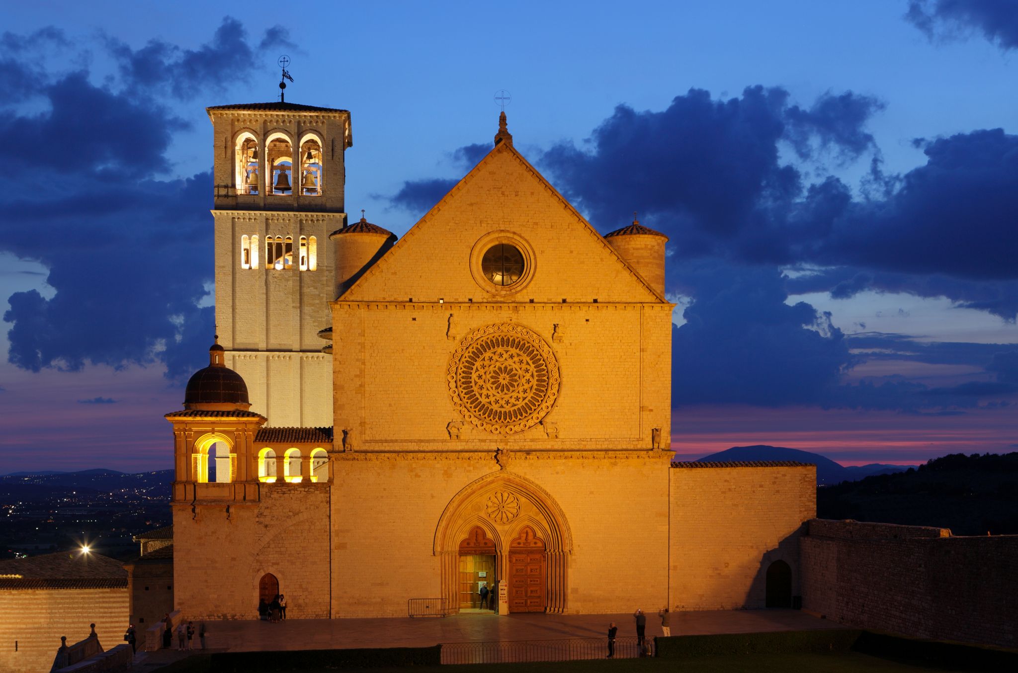 Basilica of San Francesco d'Assisi at dusk, Assisi, Italy