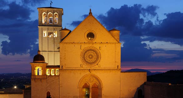 Basilica of San Francesco d'Assisi at dusk, Assisi, Italy
