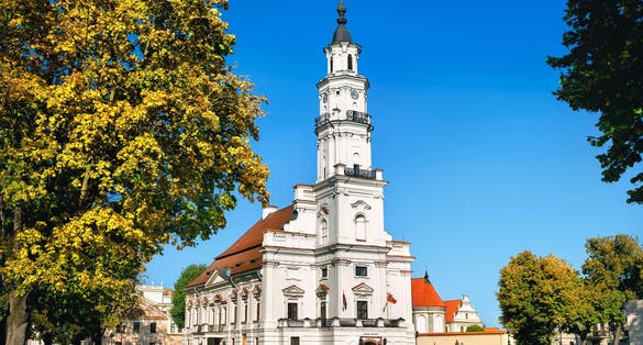 Photo of view of city hall in old town, Kaunas, Lithuania.
