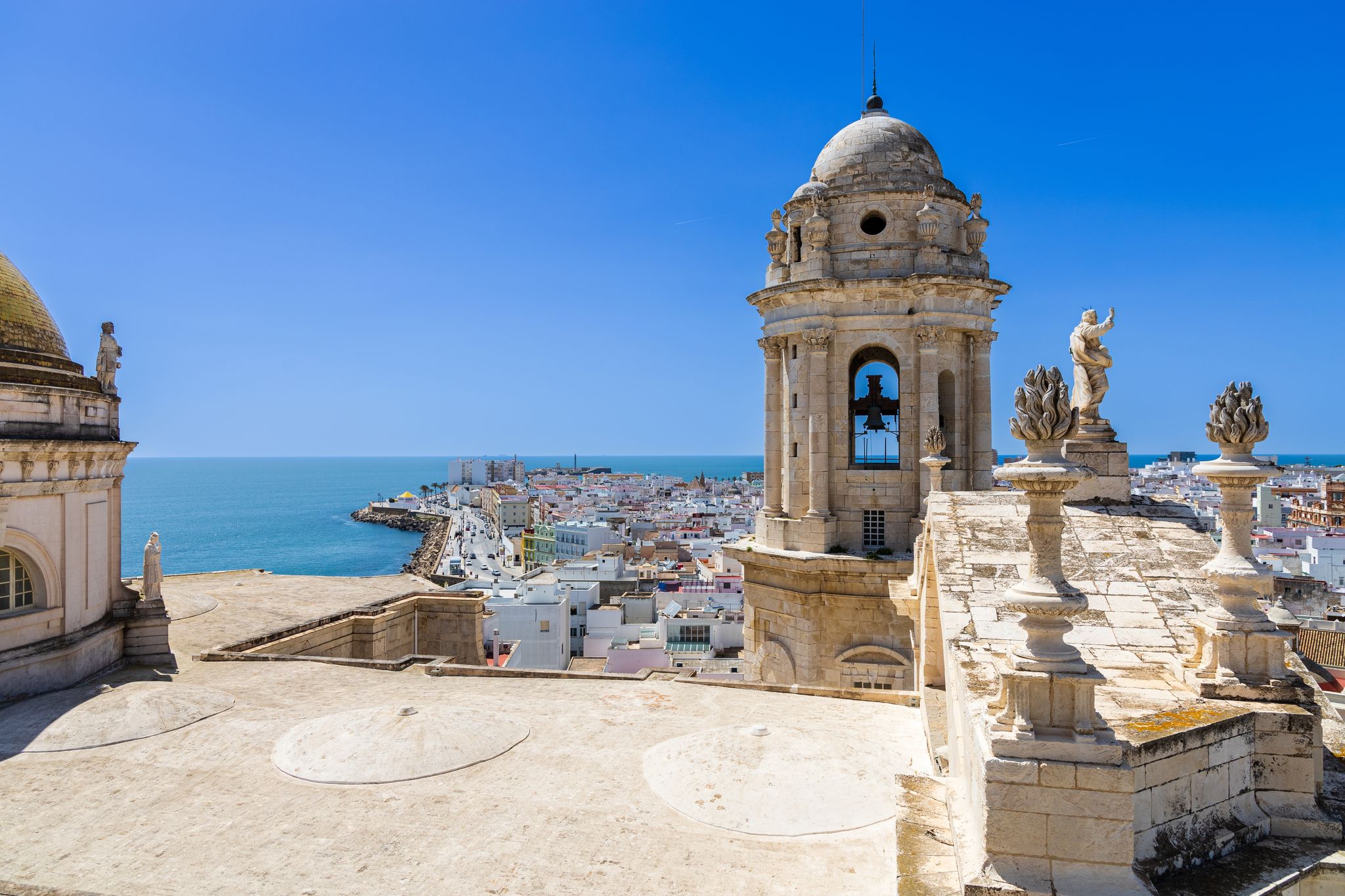 photo of the city and Torre de Poniente from the roof of Catedral de Cadiz. Cadiz, Costa de la Luz, Andalusia, Spain.