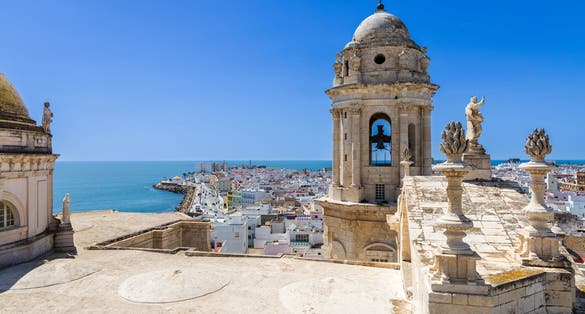 photo of the city and Torre de Poniente from the roof of Catedral de Cadiz. Cadiz, Costa de la Luz, Andalusia, Spain.