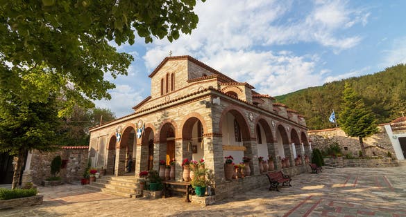 photo of Xanthi Greece May 2022, Inside view of Mountain Monastery of the Holy Trinity in Xanthi Greece, with blue sky.