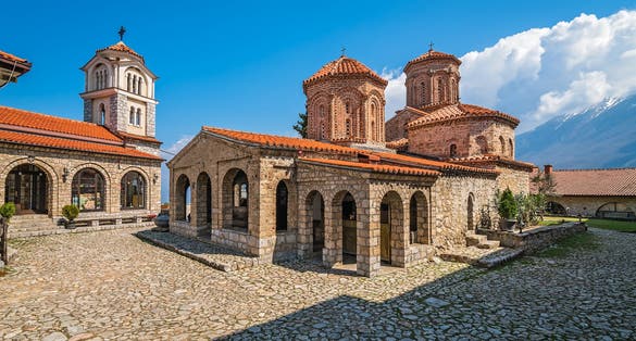 Photo of Macedonian landmark, the Holy historic church Sveti Naum on the coast of lake Ohrid, North Macedonia.