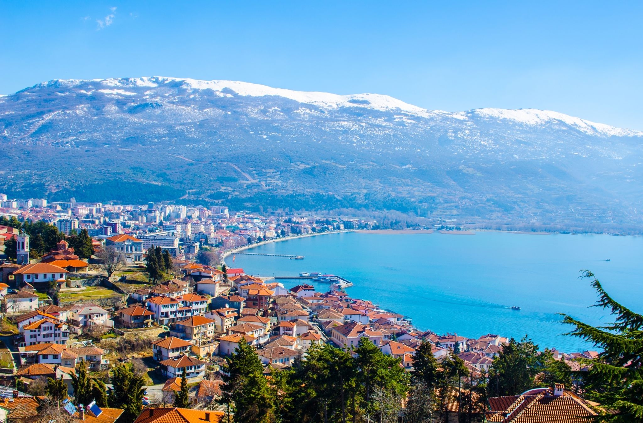 Photo of aerial view of Macedonian city Ohrid, which is famous for its unesco listed historical center and beautiful lake separating Macedonia from Albania.