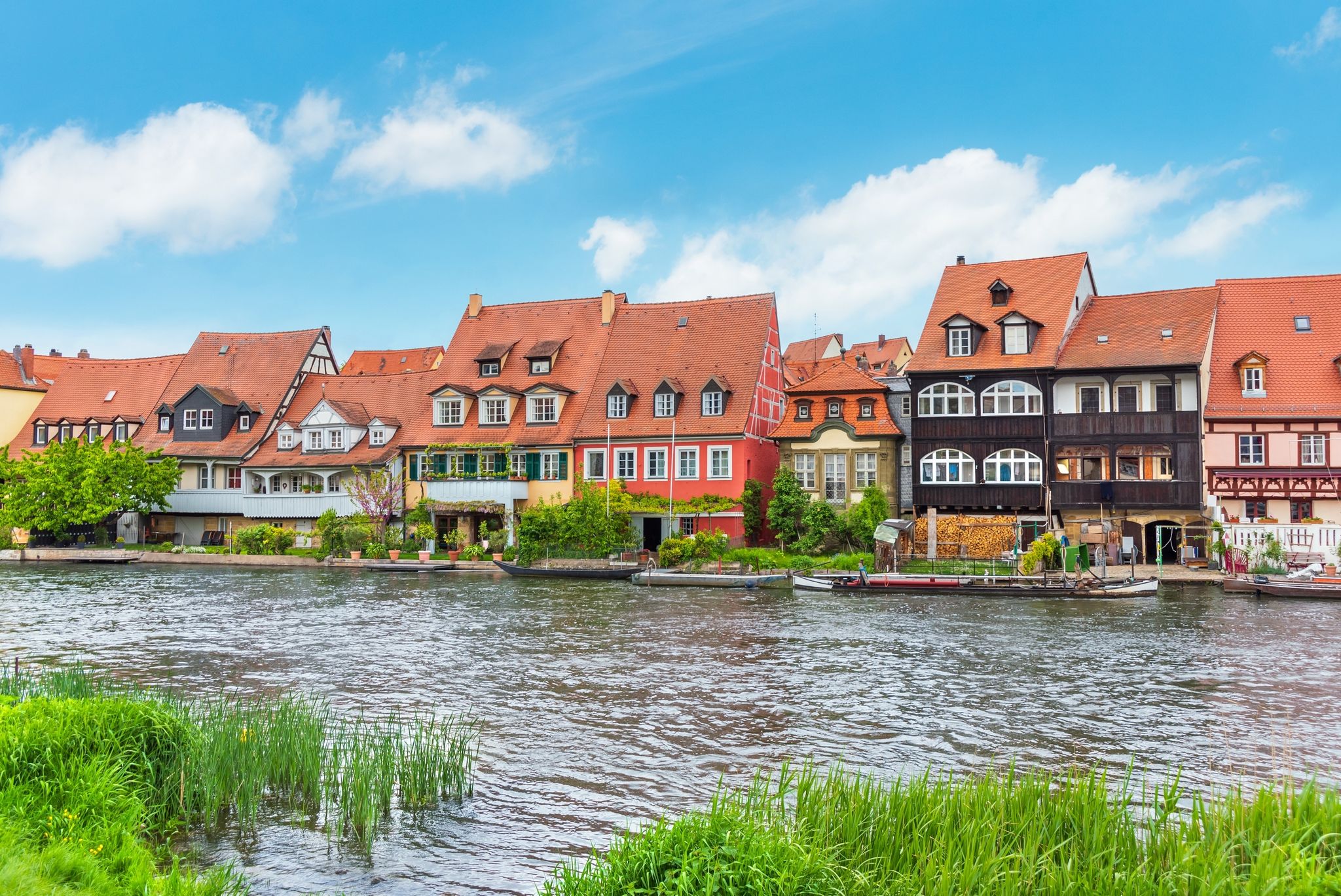 Half-timbered houses on the river in Bamberg (Bavaria) on a summer day