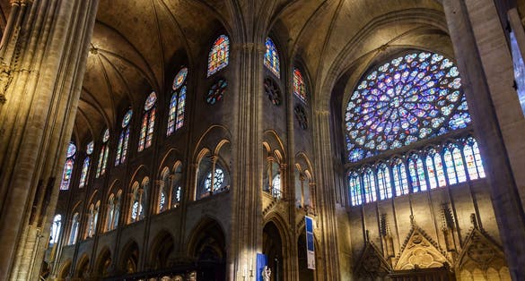 Photo of Notre Dame de Paris cathedral, inside view, France.