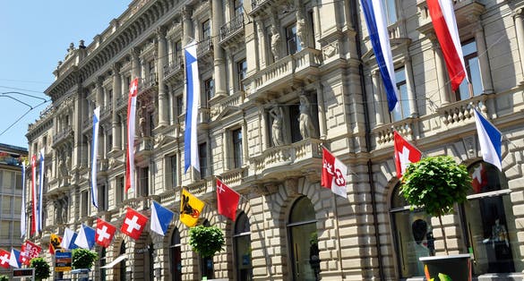 photo of the beautifull decorated wall of the Swiss banks at Paradeplatz in Zurich, Switzerland.