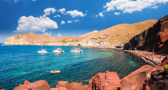 Photo of beautiful summer landscape with one of the most famous beaches in the world, Red Beach is one of the most beautiful beach of Santorini. Greece.