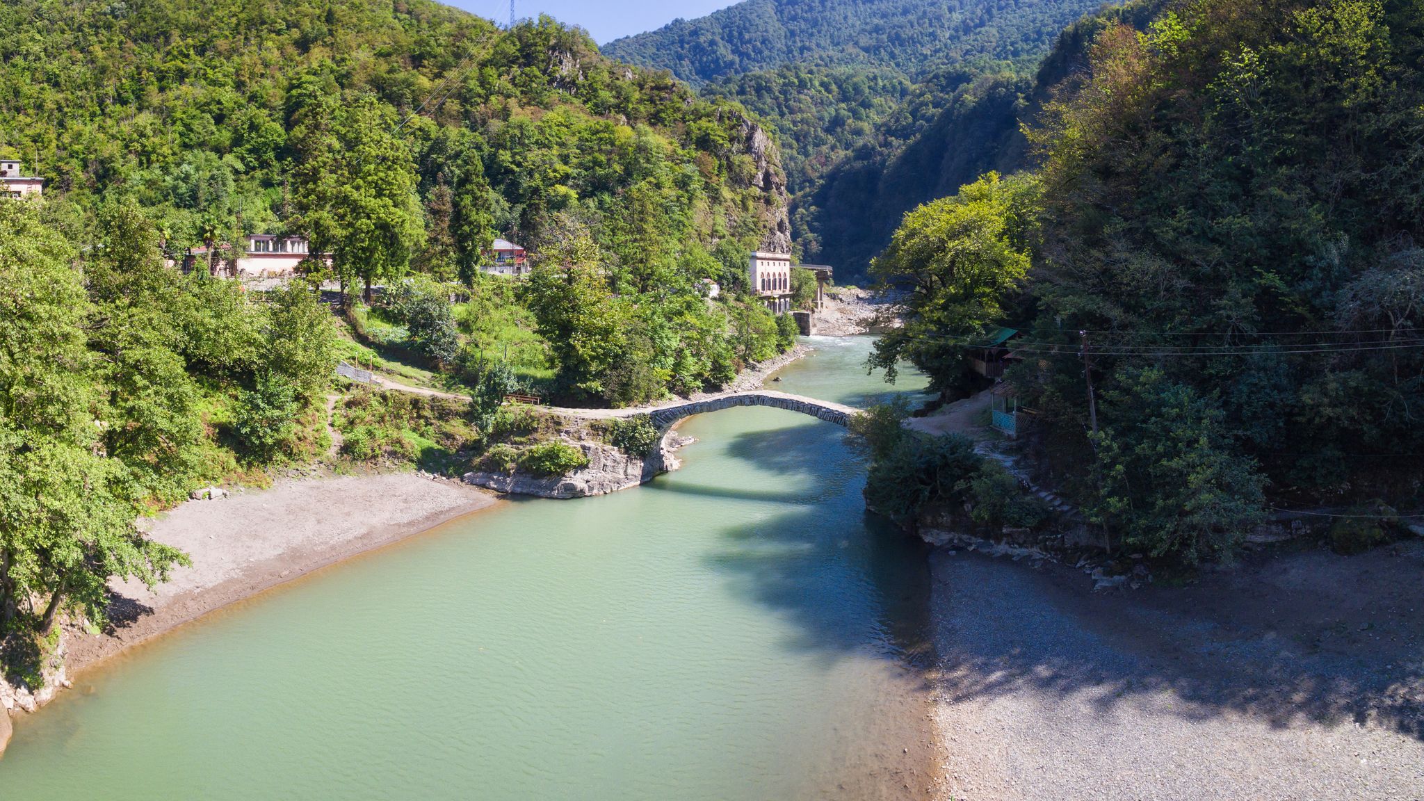 Photo of aerial view of Makhuntseti bridge in Keda District of Ajara in village of Makhuntseti, Georgia.
