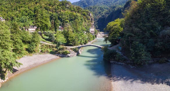 Photo of aerial view of Makhuntseti bridge in Keda District of Ajara in village of Makhuntseti, Georgia.