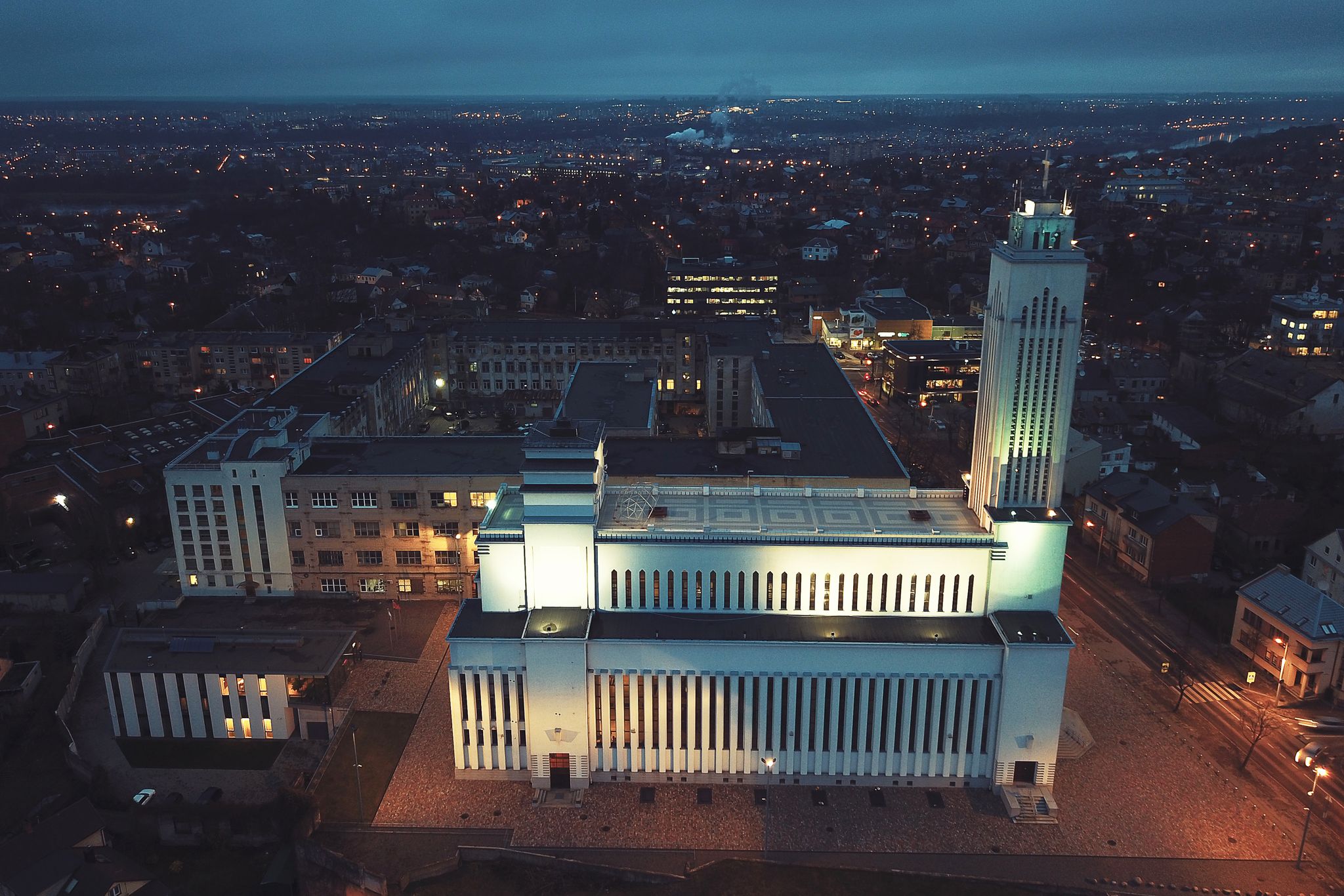 Kaunas our Lord Jesus Christ's Resurrection Basilica at night, Lithuania. Drone aerial view.