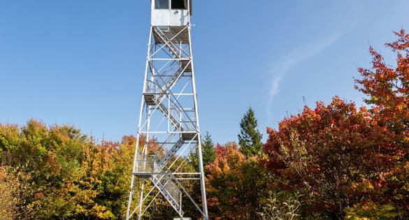 photo of Mt Arab fire tower in Adirondacks surrounded by fall foliage .