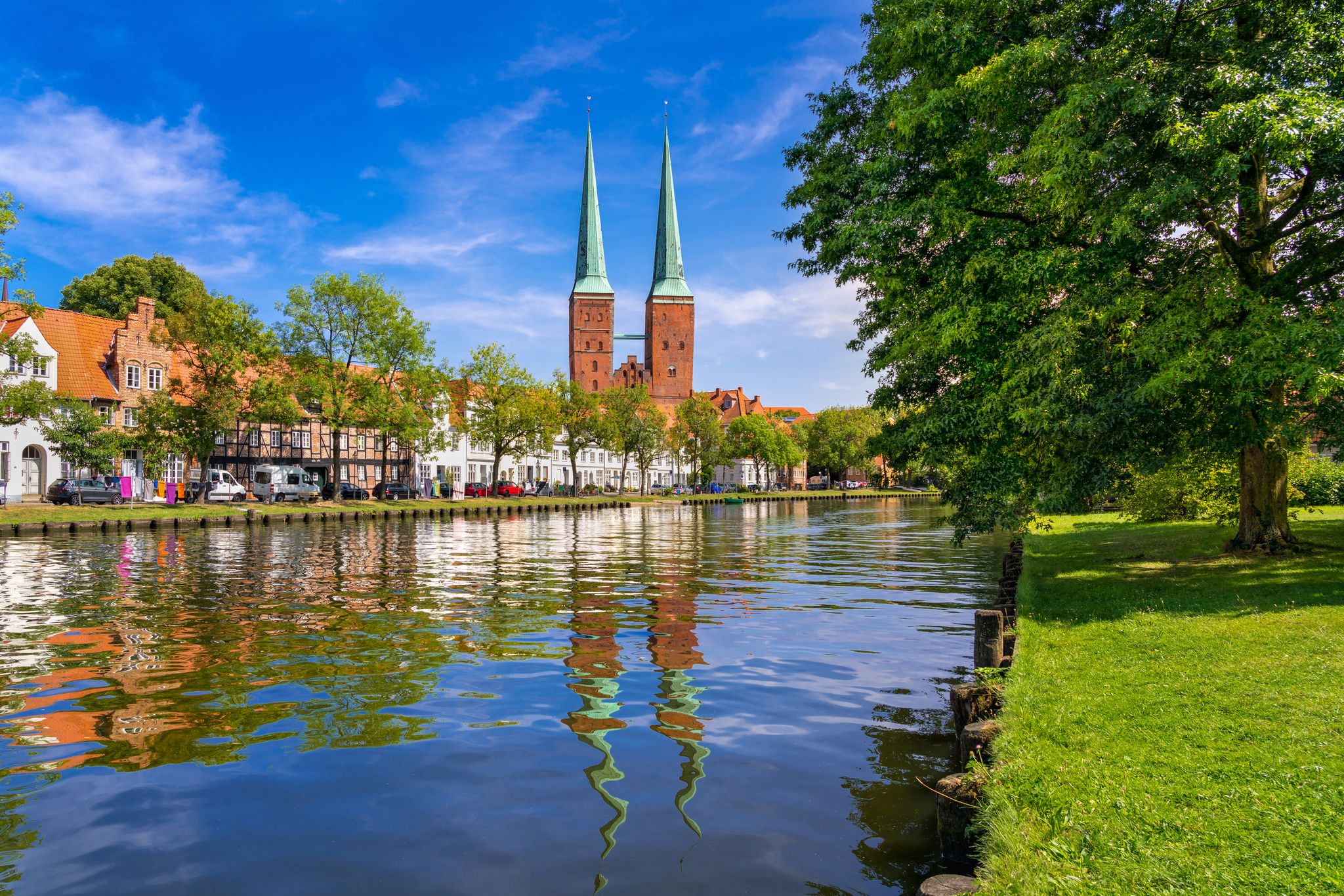 A view of the old town of Luebeck (German: Lübeck), Germany, with the Luebeck Cathedral (German: Dom zu Lübeck, or Lübecker Dom) across the river Trave.