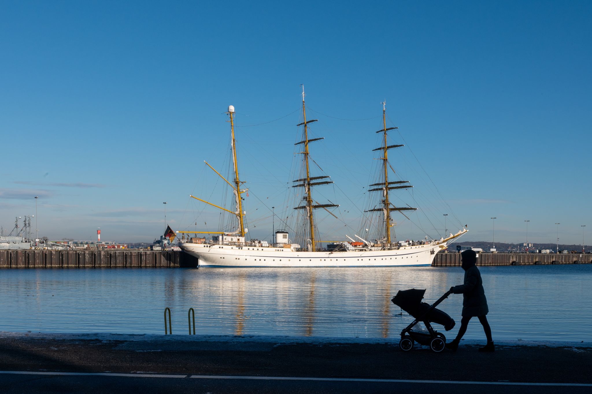 The sailing training ship Gorch Fock of the German Navy in winter at its berth in Kiel in the naval port