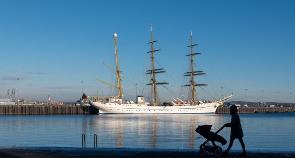 The sailing training ship Gorch Fock of the German Navy in winter at its berth in Kiel in the naval port