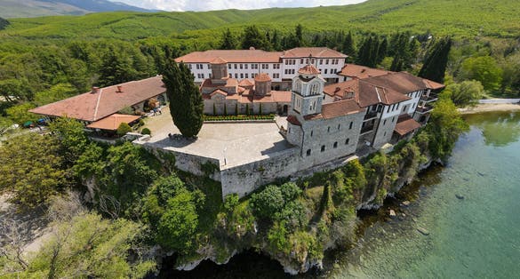 Photo of aerial drone view at the monastery of Saint Naum on Macedonia.