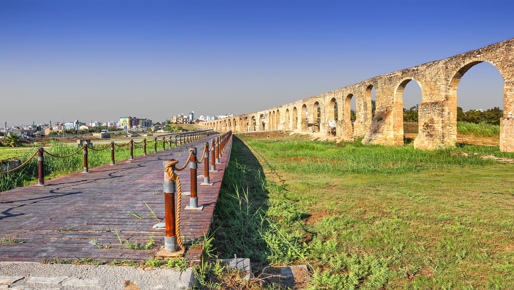 Photo of panoramic view of Kamares aqueduct and its surroundings. Larnaca. Cyprus.