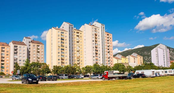 High rise residential apartment blocks in Nova Gorica, Slovenia. 1970s built socialist architecture. On the Ulica Gradnikove Brigade estate in the inner suburbs