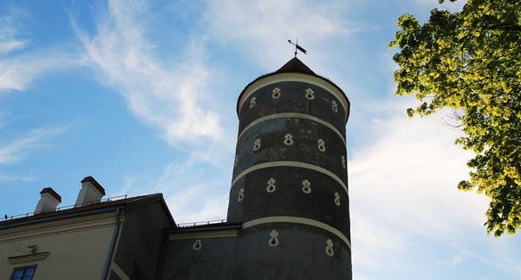 Panemune Castle with green trees and blue sky. Castle on the right bank of the Nemunas river, in Vytėnai, Jurbarkas district, Lithuania. One of the most beautiful Renaissance era building in Lithuania