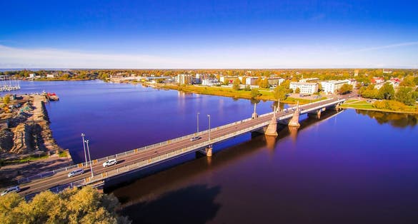 The progressive city of Parnu in Estonia. Pärnu is a city in southwestern Estonia on the coast of Pärnu Bay an inlet of the Gulf of Livonia in the Baltic Sea.