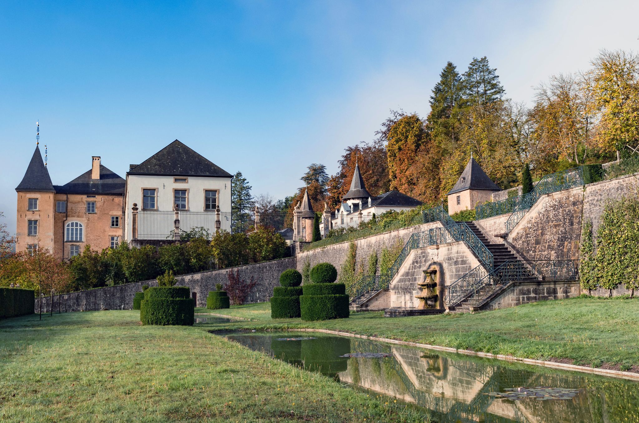 photo of the new castle of Ansembourg, the picture was taken in September2018 in central Luxembourg. The castle is located in the valley of the seven castles.