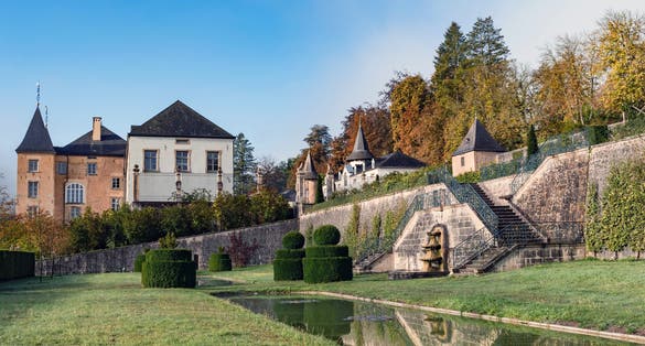 photo of the new castle of Ansembourg, the picture was taken in September2018 in central Luxembourg. The castle is located in the valley of the seven castles.