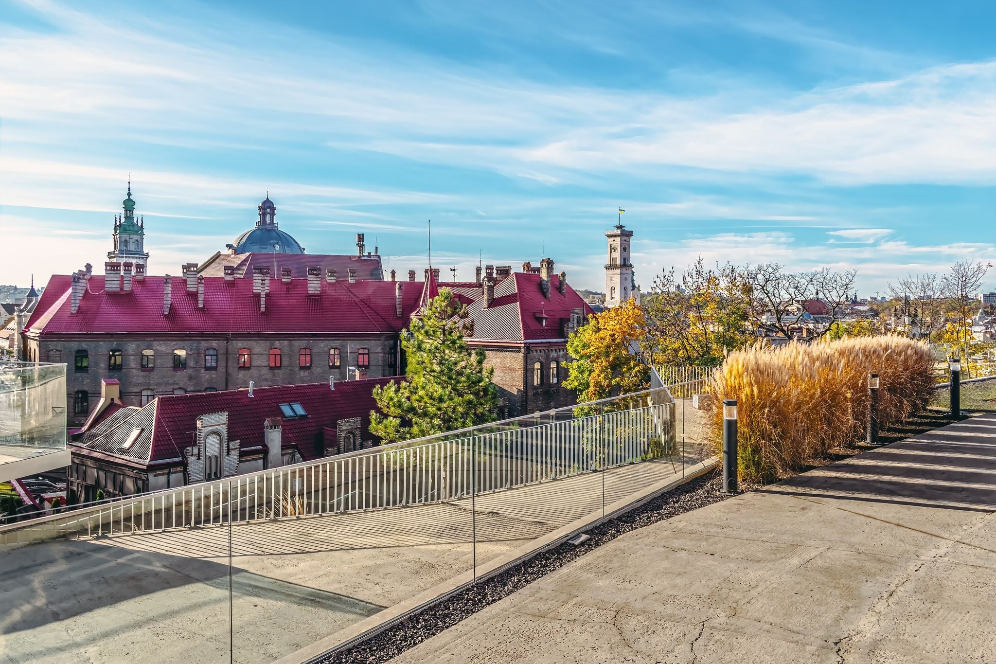 Photo of view from the observation deck of the Memorial to the Heavenly Hundred Heroes to the red tiled roof of the old Fire Station in Lviv, Ukraine.