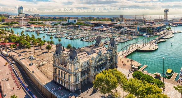 Photo of scenic aerial view of Port Vell from the top of Columbus Monument, Barcelona.