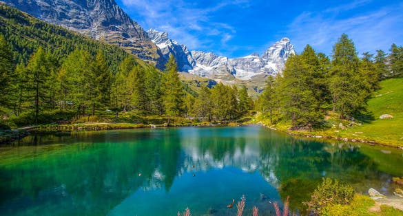 View of the Blue lake (Lago Blu) near Breuil-Cervinia and Cervino Mount (Matterhorn) in Val D'Aosta,Italy