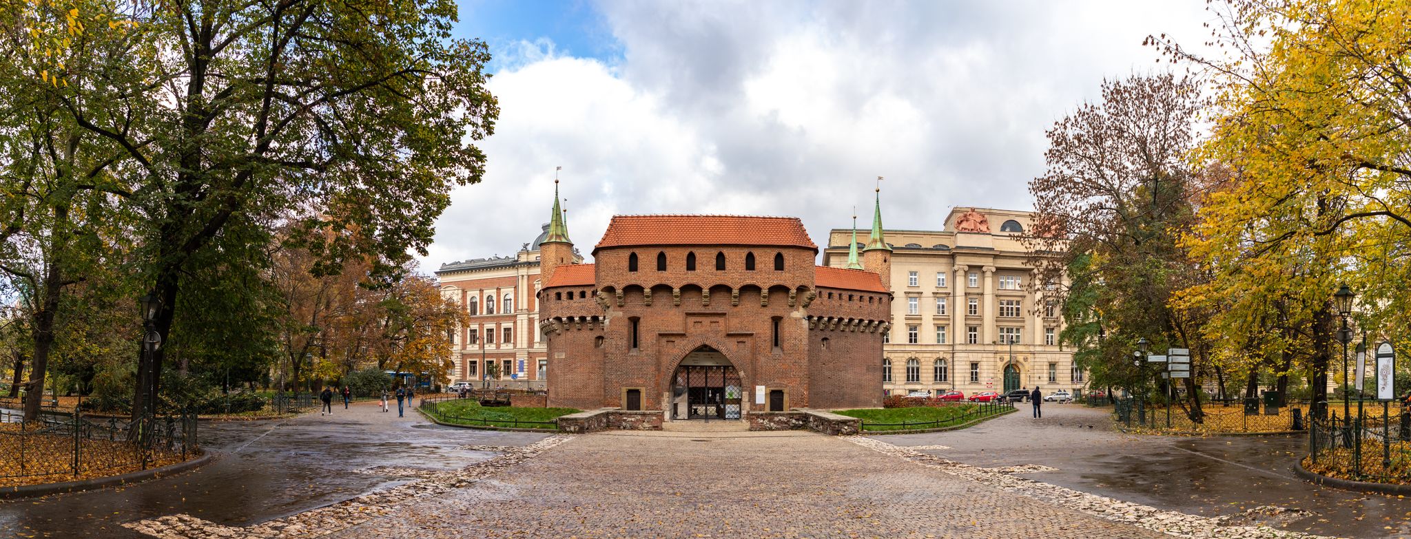 A panorama picture of the Kraków Barbican in the fall.