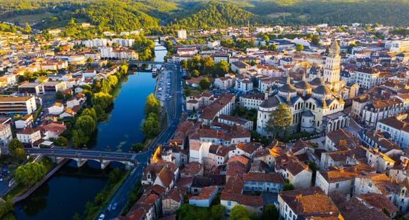 Drone view of French city of Perigueux on Isle River,France.