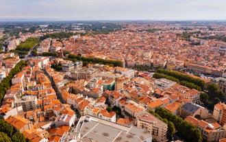 Photo of Bordeaux aerial panoramic view. Bordeaux is a port city on the Garonne river in Southwestern France.