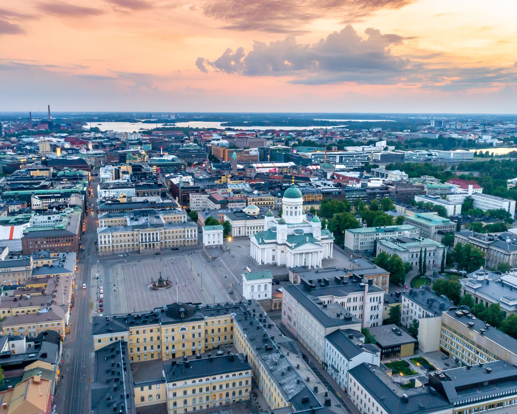 Photo of aerial view of Helsinki cityscape with Helsinki Cathedral, South Harbor and Market Square , Finland.