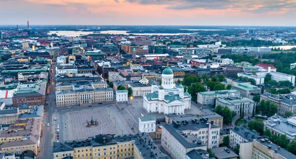 Photo of aerial view of Helsinki cityscape with Helsinki Cathedral, South Harbor and Market Square , Finland.
