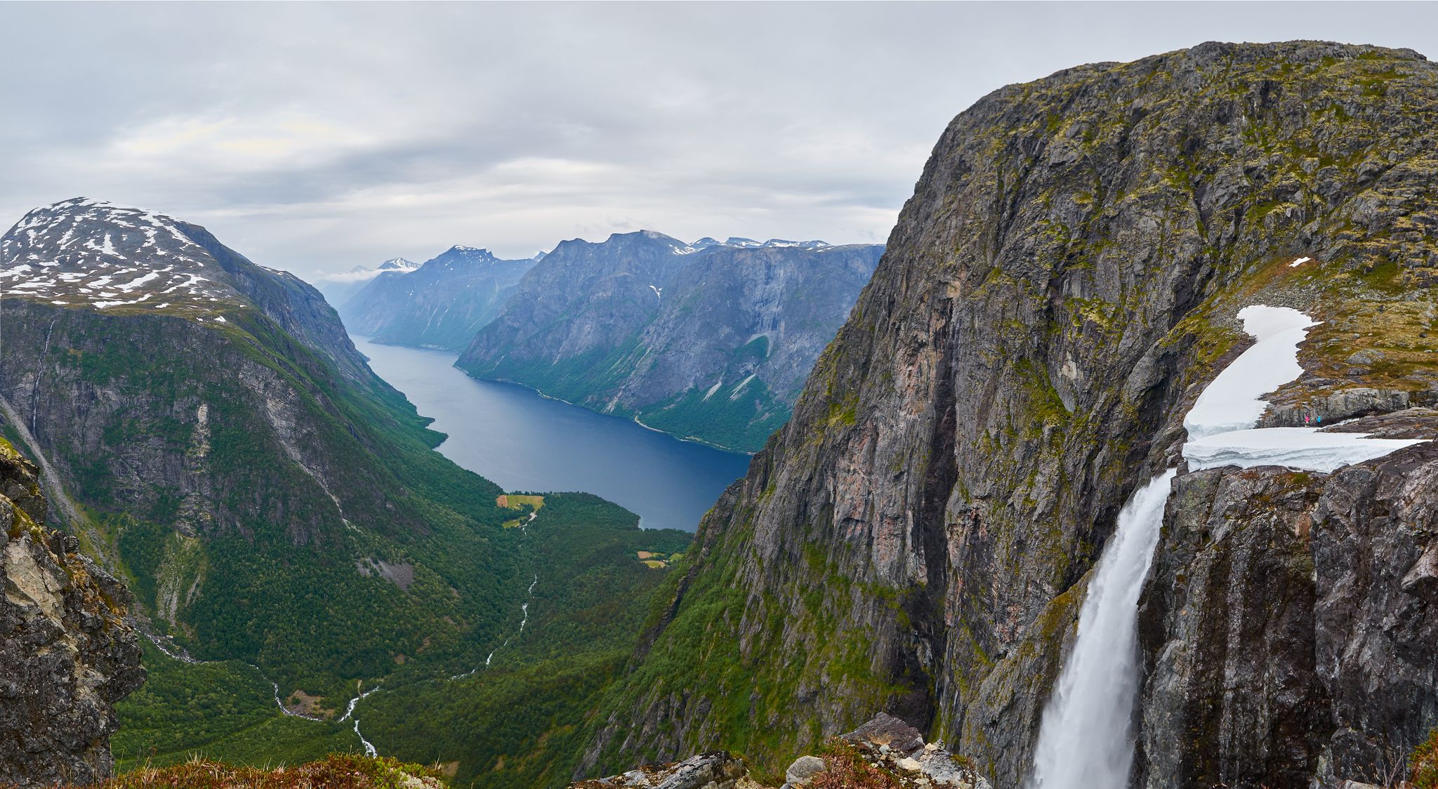 Hight resolution panoramic landscape with Mardalsfossen waterfall.