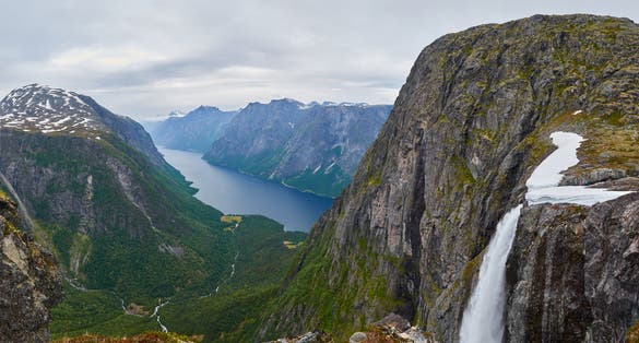 Hight resolution panoramic landscape with Mardalsfossen waterfall.