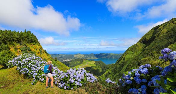 Photo of view from Miradouro da Boca do Inferno to Sete Citades, Sao Miguel, Azores Islands, Portugal.