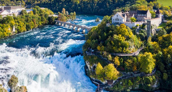 Photo of Rhine Falls or Rheinfall, Switzerland panoramic aerial view.