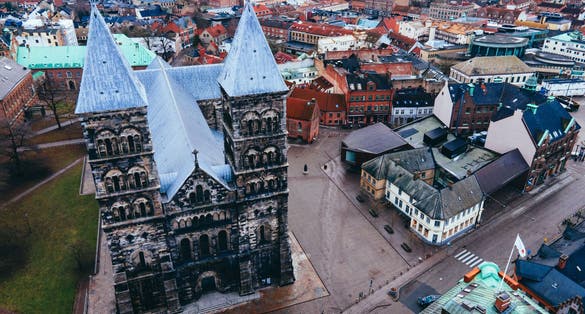 photo of aerial view of the Lund Cathedral in Lund, Sweden.