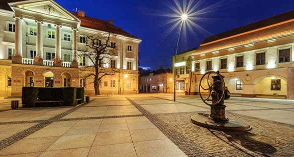 photo of City Hall in main square Rynek of Kielce, Poland Europe, in the evening.