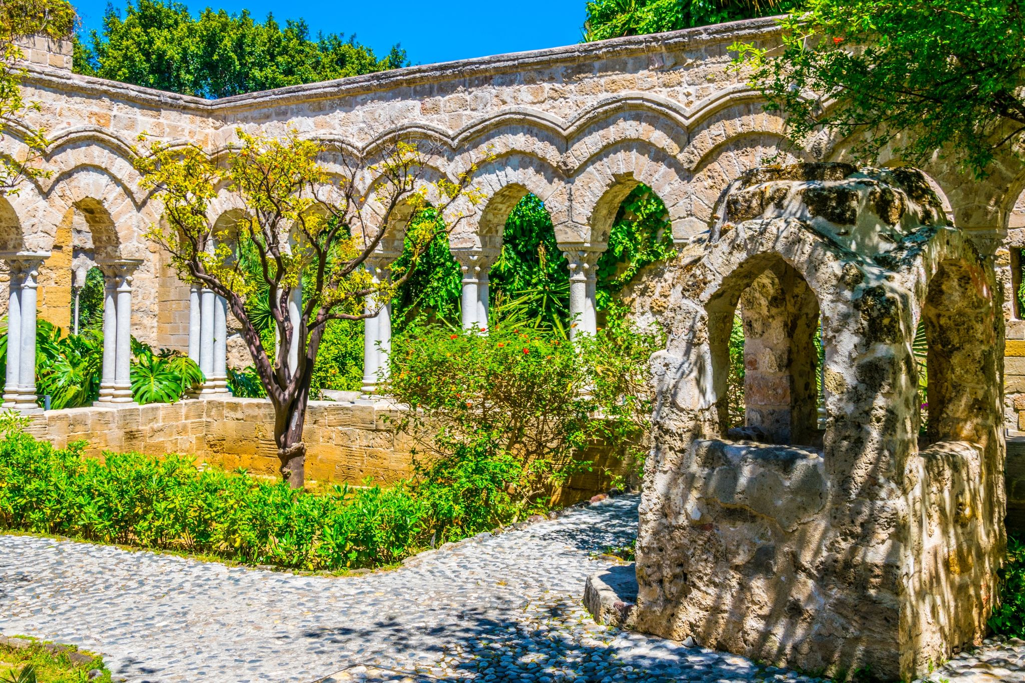 photo of view of Gardens in the grounds of Church of St. John of the Hermits in Palermo, Italy.