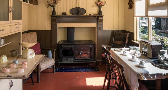 Interior of a living shed at St Fagans National History Museum in Cardiff.