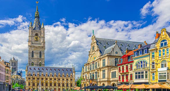 Belfry of Ghent Het Belfort van Gent medieval bell tower watchtower, Cloth hall Lakenhalle, Royal Dutch Theatre and Saint Nicholas' Church in Ghent city historical center, Flemish Region, Belgium