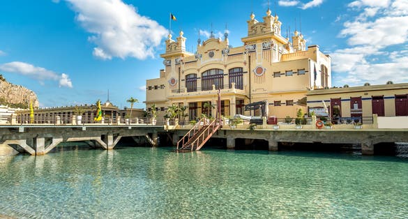 View of Charleston, the Mondello beach establishment on the sea in Palermo, Sicily, Italy.