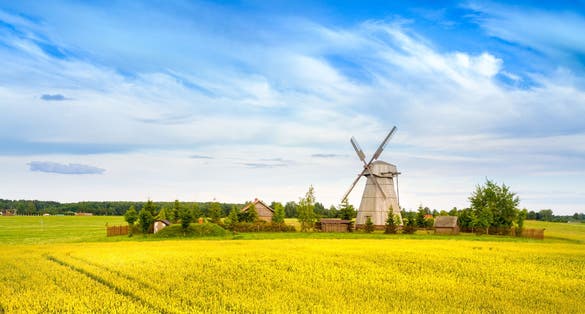 Photo of wooden windmill on background field and sky. Dudutki village, Minsk Region.