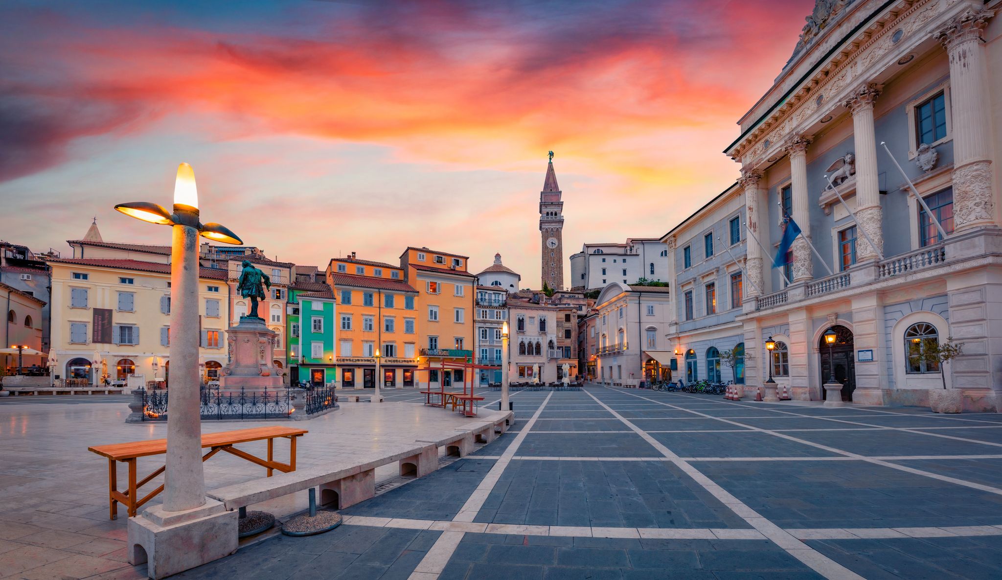 Impressive evening view of Tartini Square in old town of Piran. Picturesque summer sunset in Slovenia, Europe.